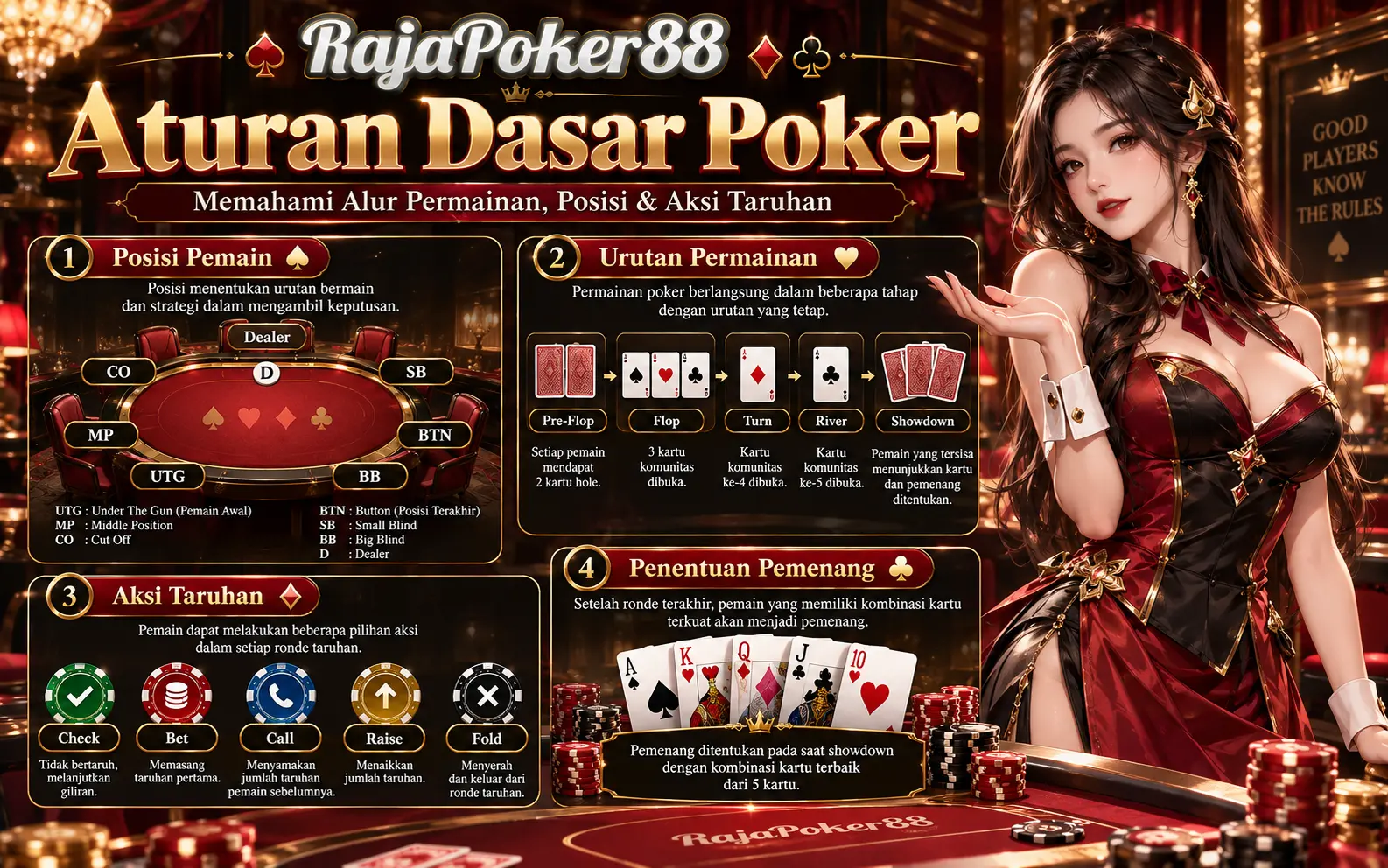 Ilustrasi aturan dasar dan alur permainan poker