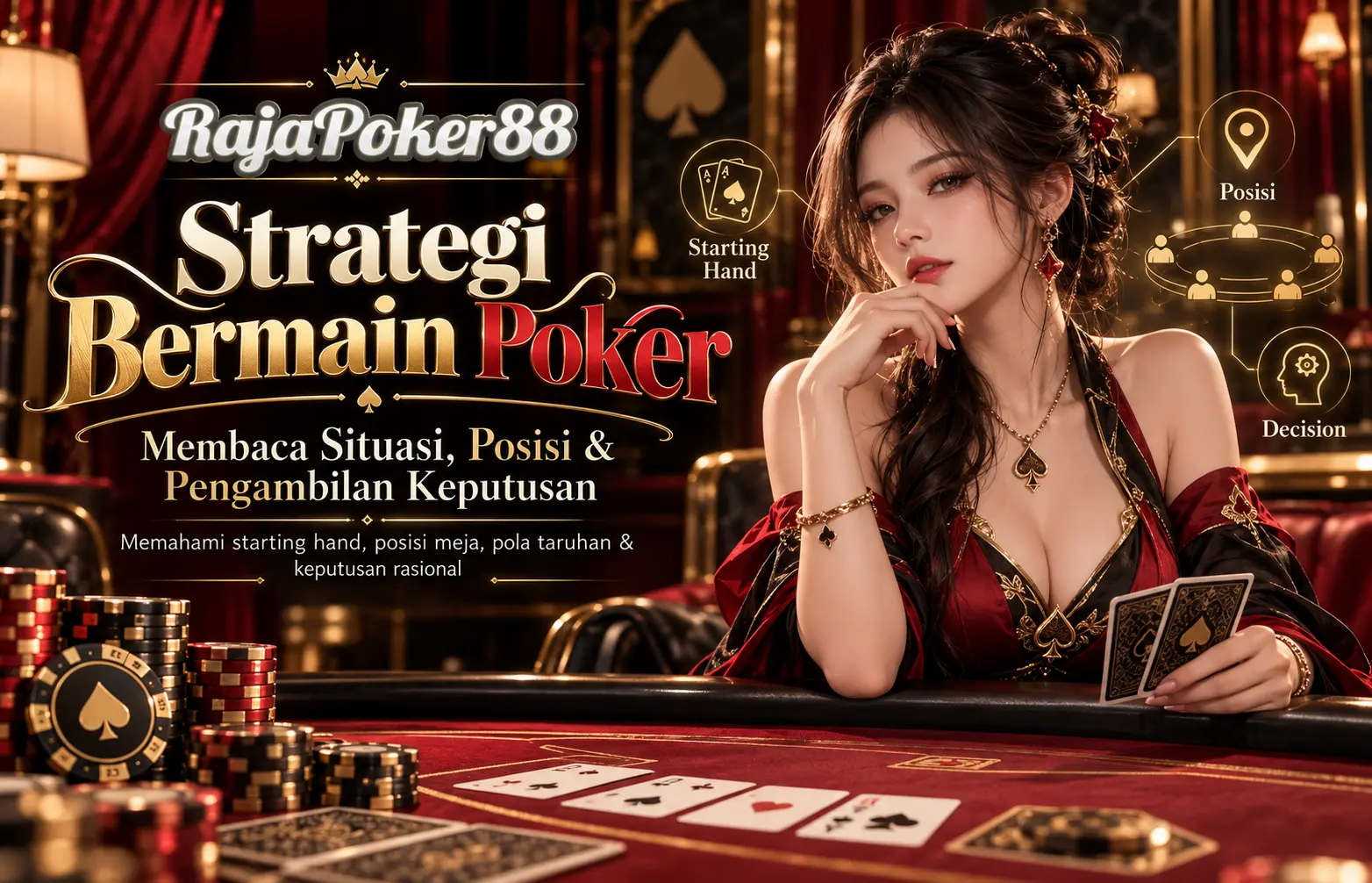 Ilustrasi strategi bermain poker dan pengambilan keputusan di meja poker